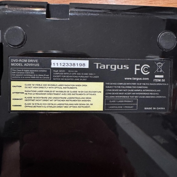 TARGUS DVD-ROM EXTERNAL USB 2.0 DRIVE PIANO BLACK ADV01US TESTED - WORKS - Picture 5 of 10